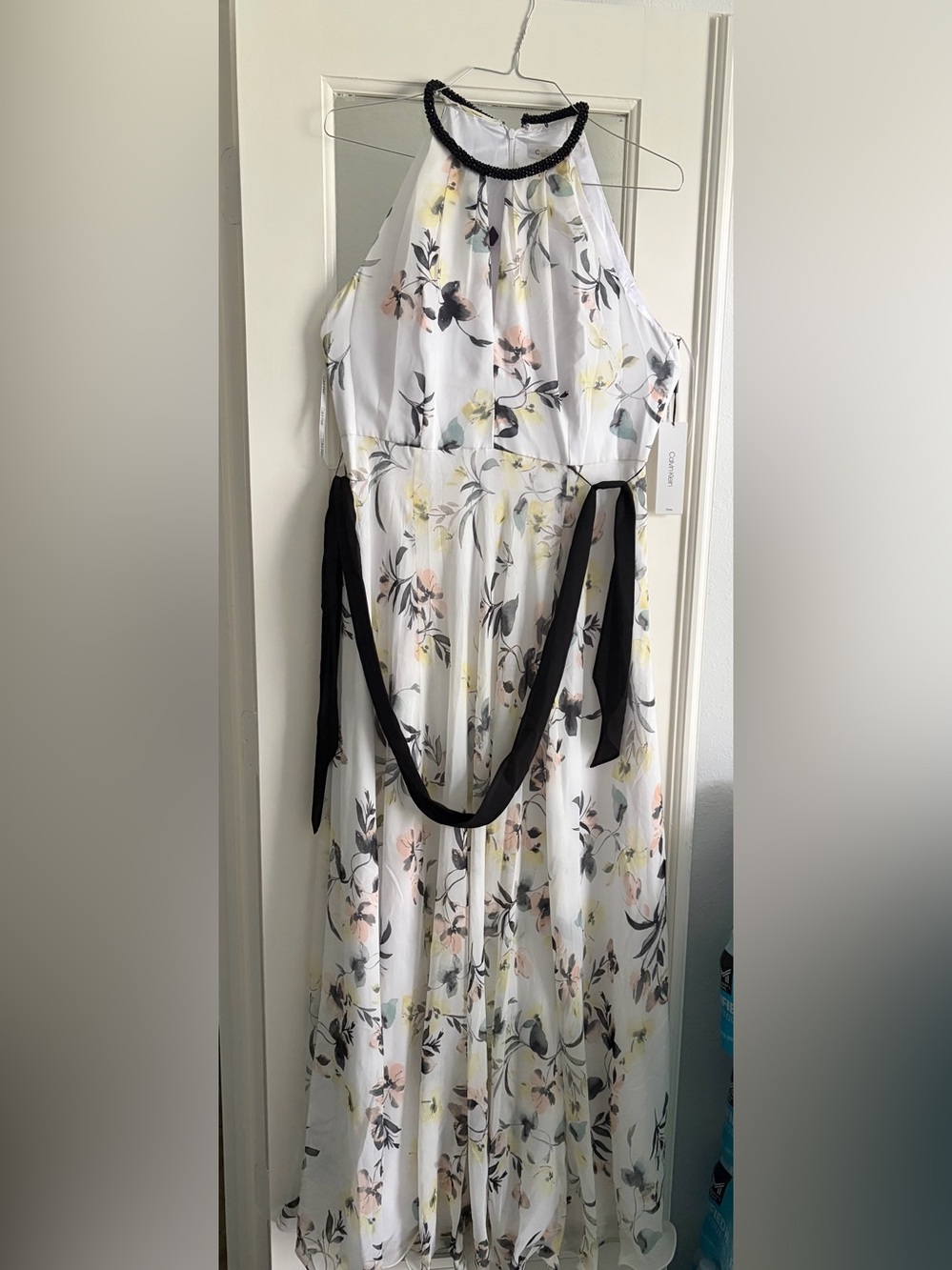 Calvin Klein White Floral Halter Maxi Dress with Black Trim and Sash